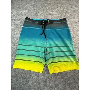 BURNSIDE Boardshorts Mens 30 Striped‎ Blue Yellow 8" inseam Wax Comb